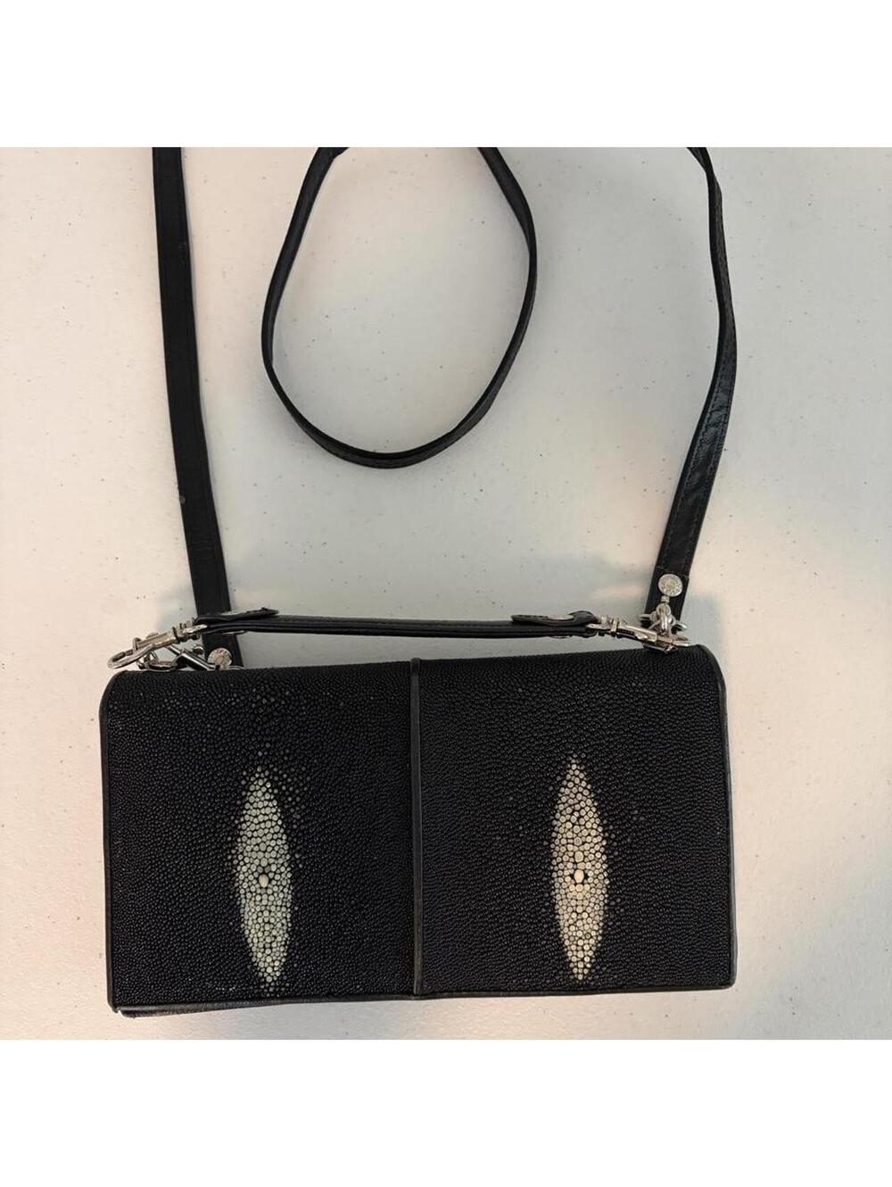 Vintage Black Genuine Stingray Leather Crossbody Bag Wallet On Chain Shagreen